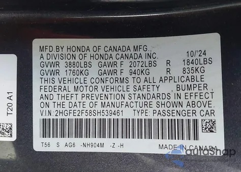 2025 Honda Civic Sport z USA, uszkodzony, nr VIN 2HGFE2F58SH539461